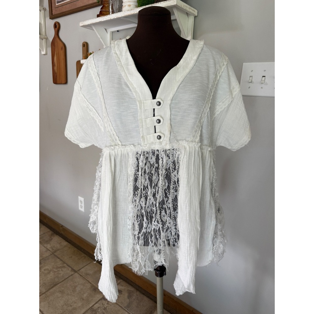POL White Lace Gauze Babydoll Top Short Sleeve Boho Cottagecore Small